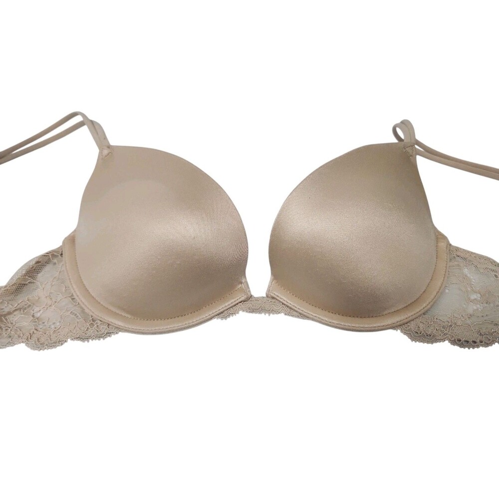 LOVE PINK Victoria's Secret Bra 34A Heartbreaker Pushup Padded Beige Lace Wings